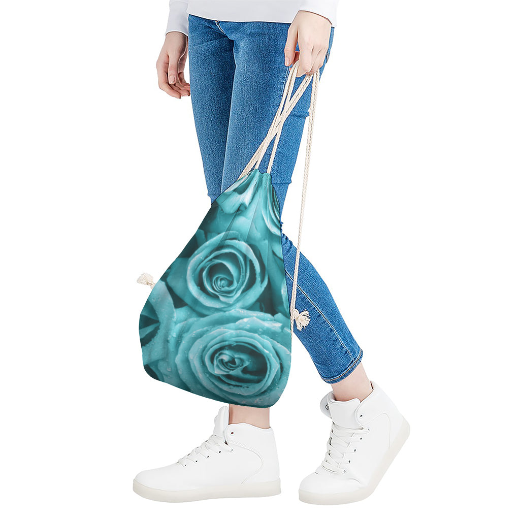 Turquoise Rose Flower Print Drawstring Bag