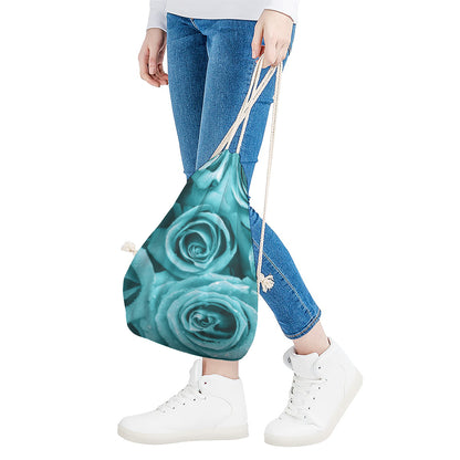Turquoise Rose Flower Print Drawstring Bag