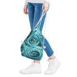 Turquoise Rose Flower Print Drawstring Bag