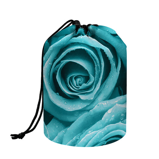 Turquoise Rose Flower Print Drawstring Makeup Bag