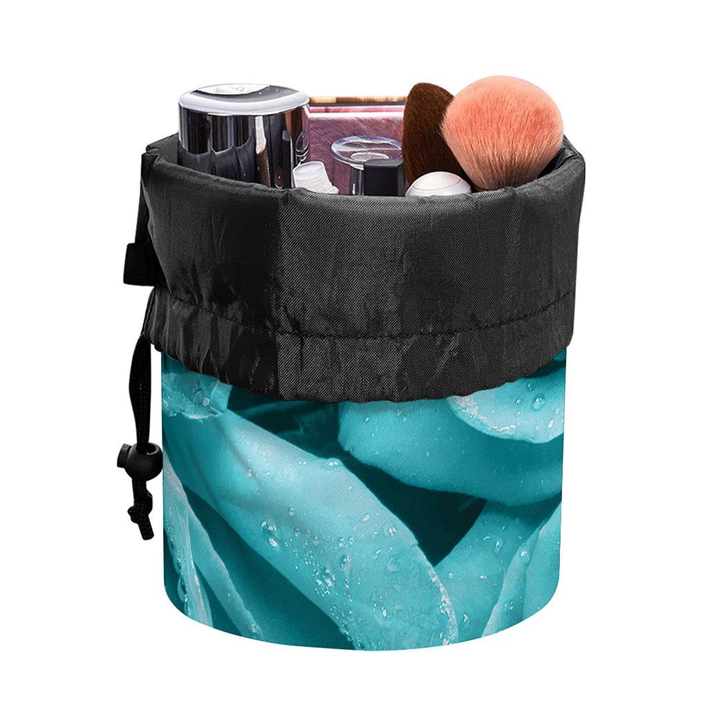Turquoise Rose Flower Print Drawstring Makeup Bag