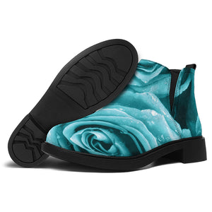 Turquoise Rose Flower Print Flat Ankle Boots