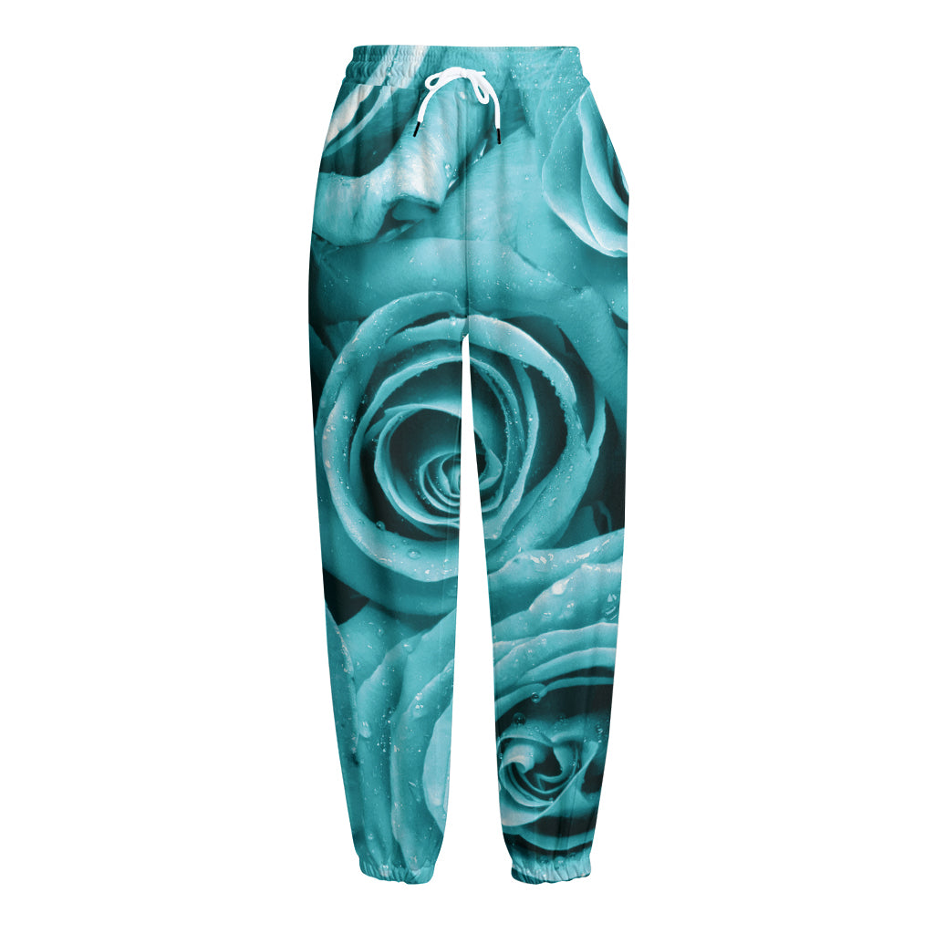 Turquoise Rose Flower Print Fleece Lined Knit Pants