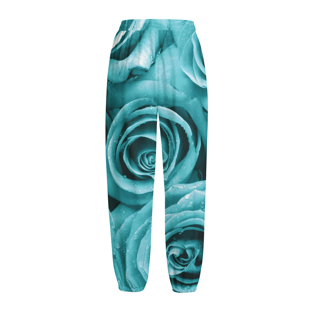 Turquoise Rose Flower Print Fleece Lined Knit Pants