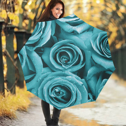 Turquoise Rose Flower Print Foldable Umbrella