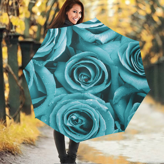 Turquoise Rose Flower Print Foldable Umbrella