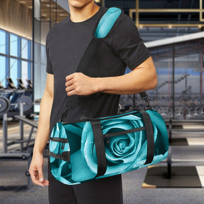 Turquoise Rose Flower Print Gym Bag