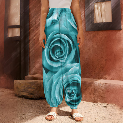 Turquoise Rose Flower Print Harem Pants