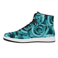 Turquoise Rose Flower Print High Top Leather Sneakers