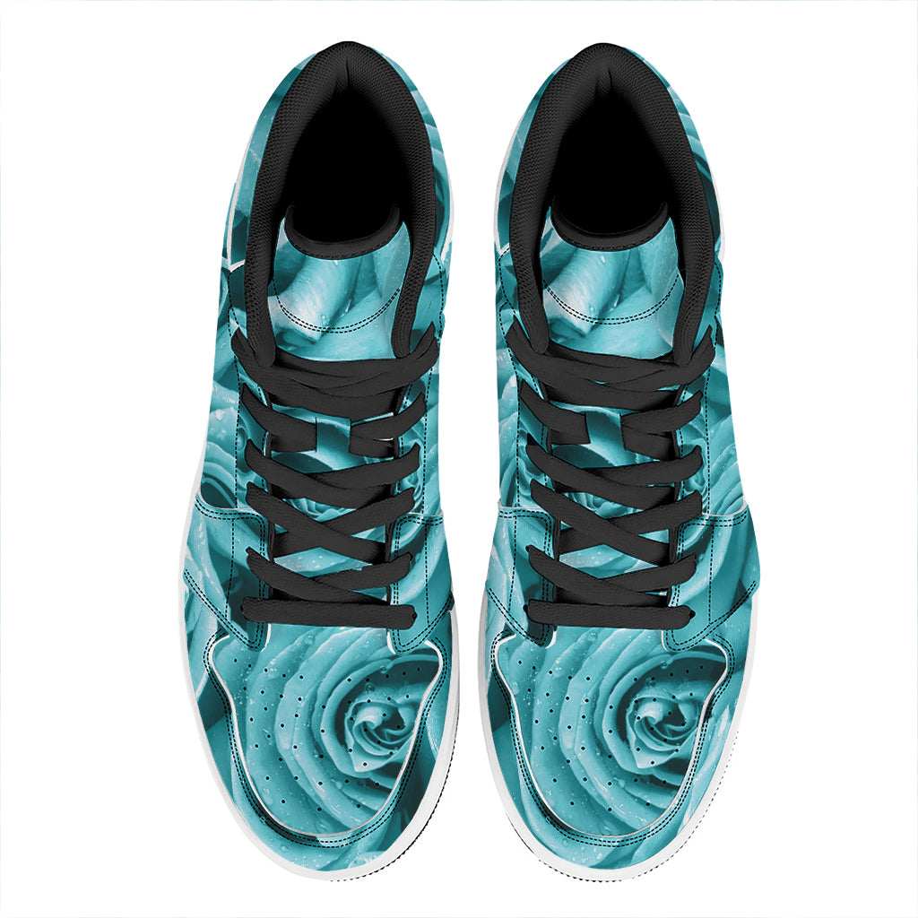 Turquoise Rose Flower Print High Top Leather Sneakers