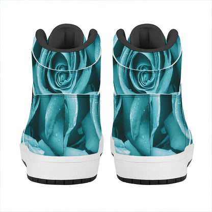 Turquoise Rose Flower Print High Top Leather Sneakers
