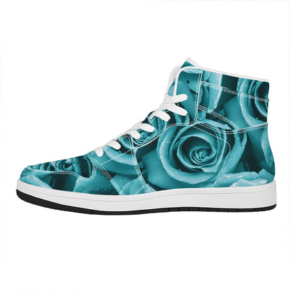 Turquoise Rose Flower Print High Top Leather Sneakers