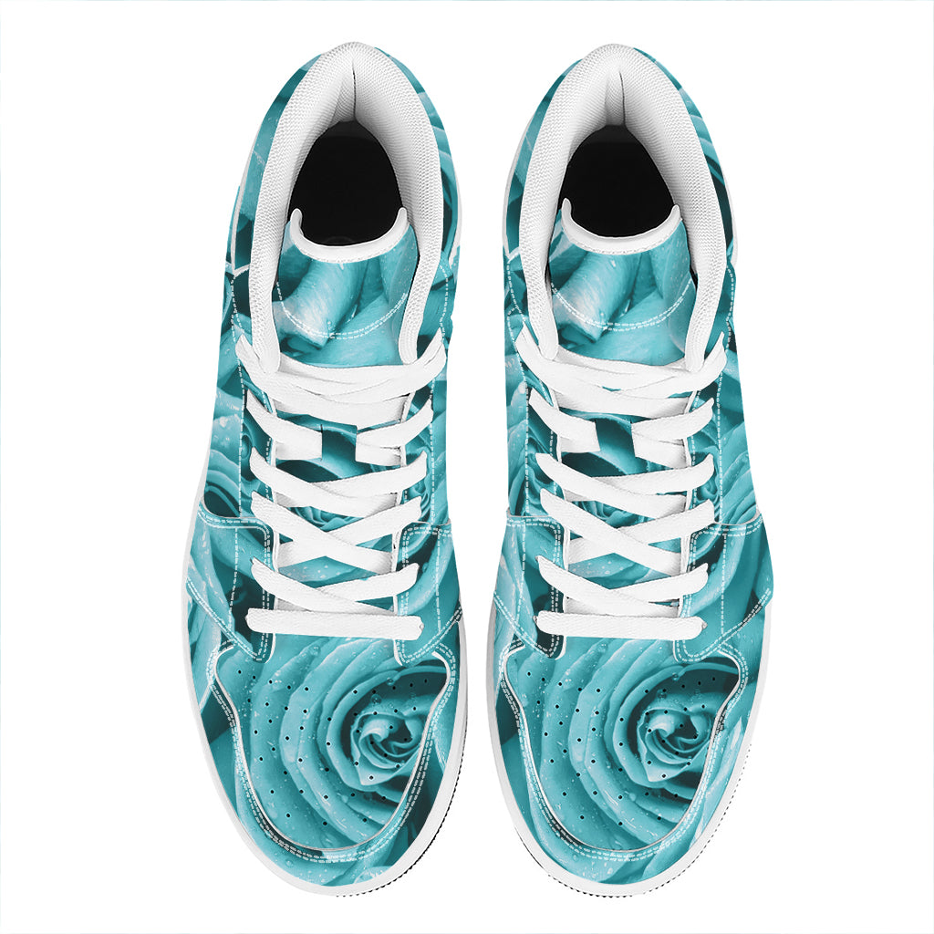 Turquoise Rose Flower Print High Top Leather Sneakers