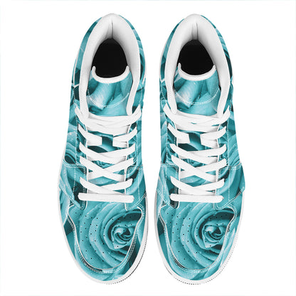 Turquoise Rose Flower Print High Top Leather Sneakers