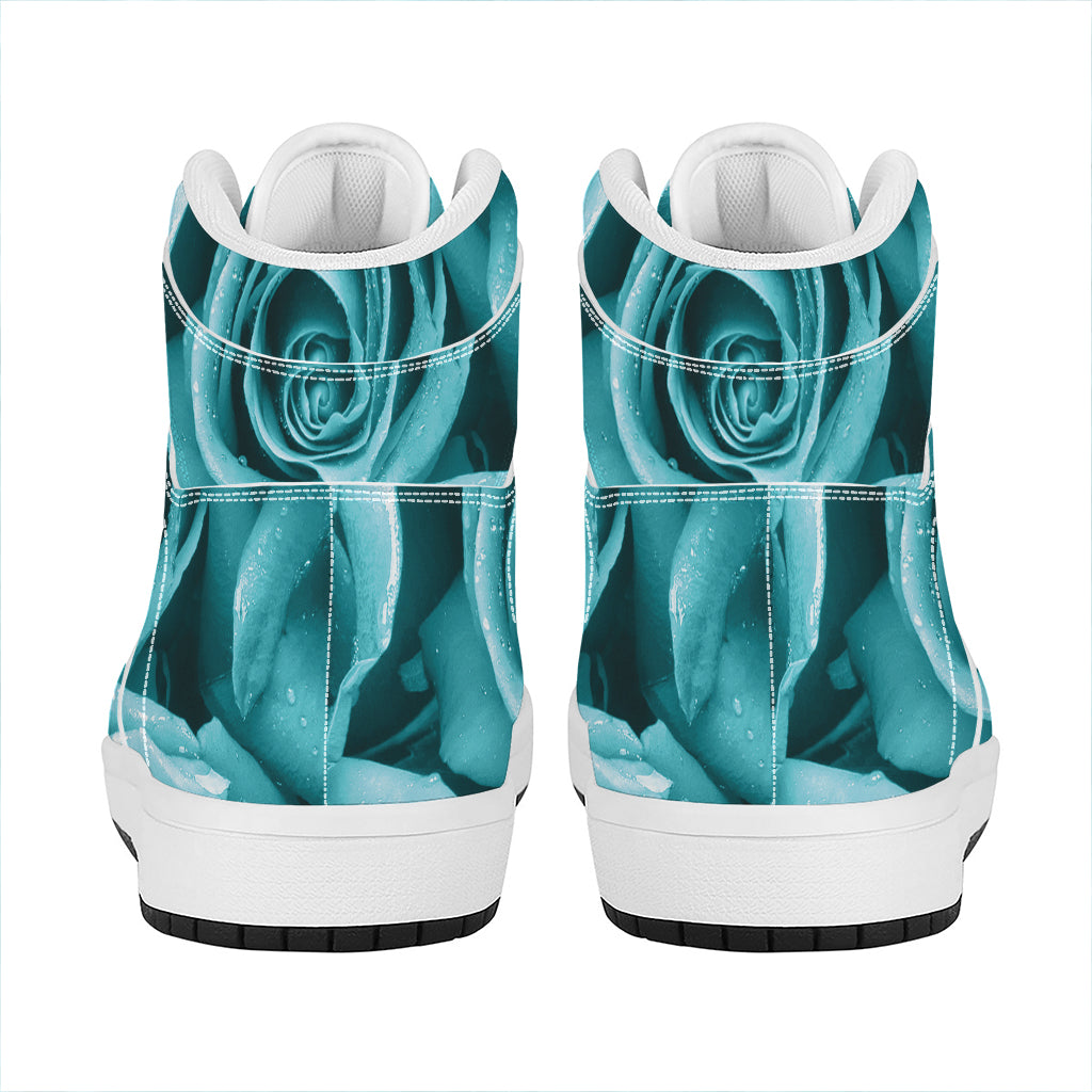 Turquoise Rose Flower Print High Top Leather Sneakers