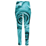 Turquoise Rose Flower Print High-Waisted Pocket Leggings