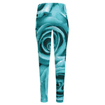 Turquoise Rose Flower Print High-Waisted Pocket Leggings