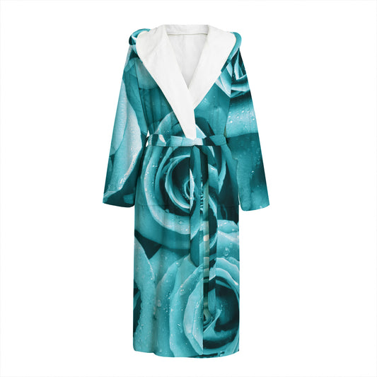 Turquoise Rose Flower Print Hooded Bathrobe