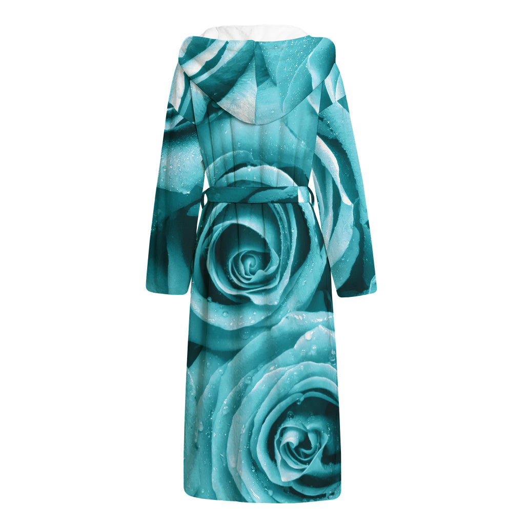 Turquoise Rose Flower Print Hooded Bathrobe