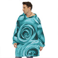 Turquoise Rose Flower Print Hoodie Blanket