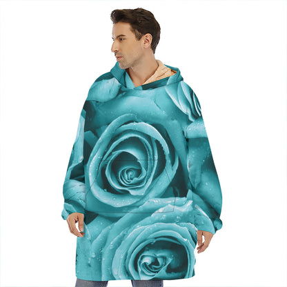 Turquoise Rose Flower Print Hoodie Blanket