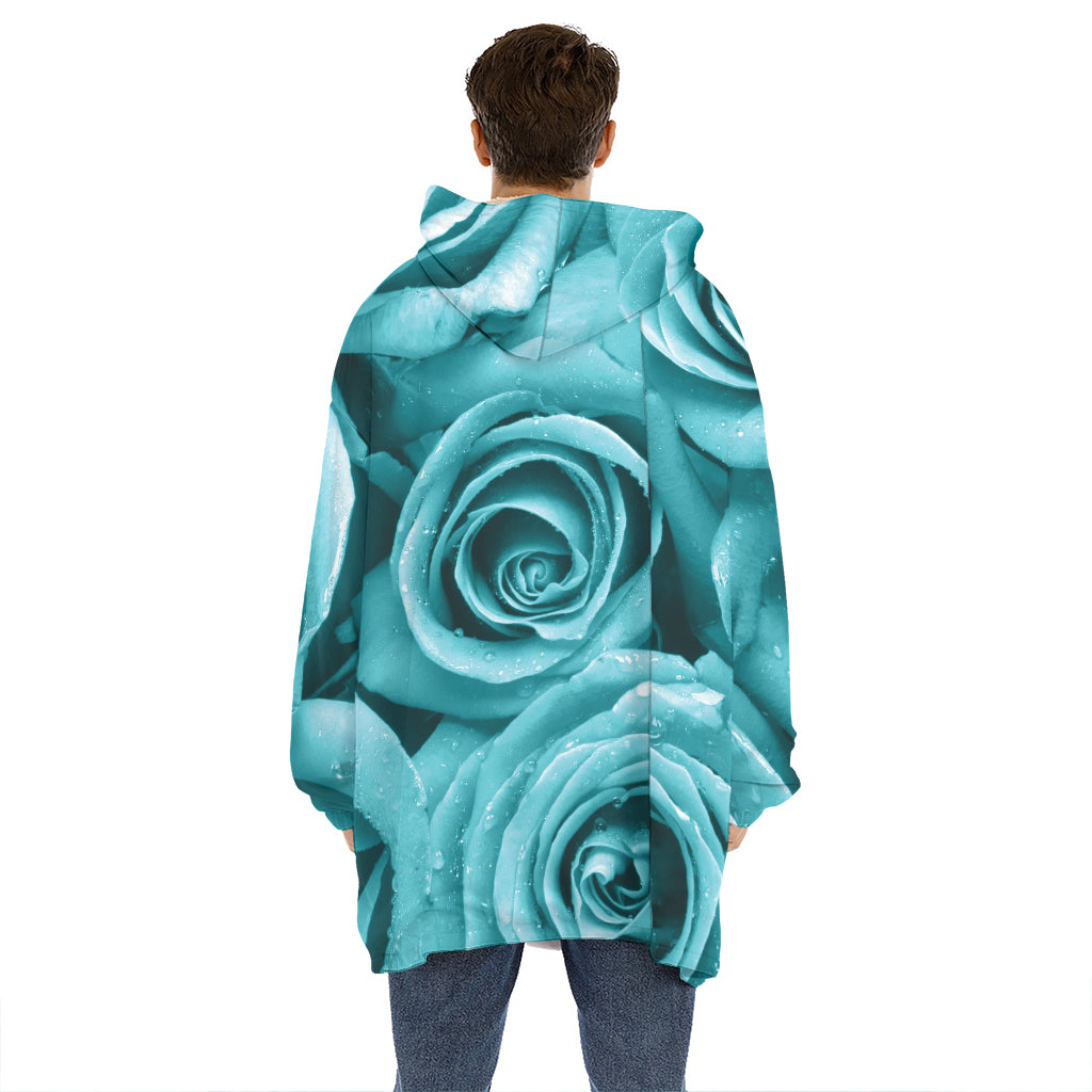Turquoise Rose Flower Print Hoodie Blanket