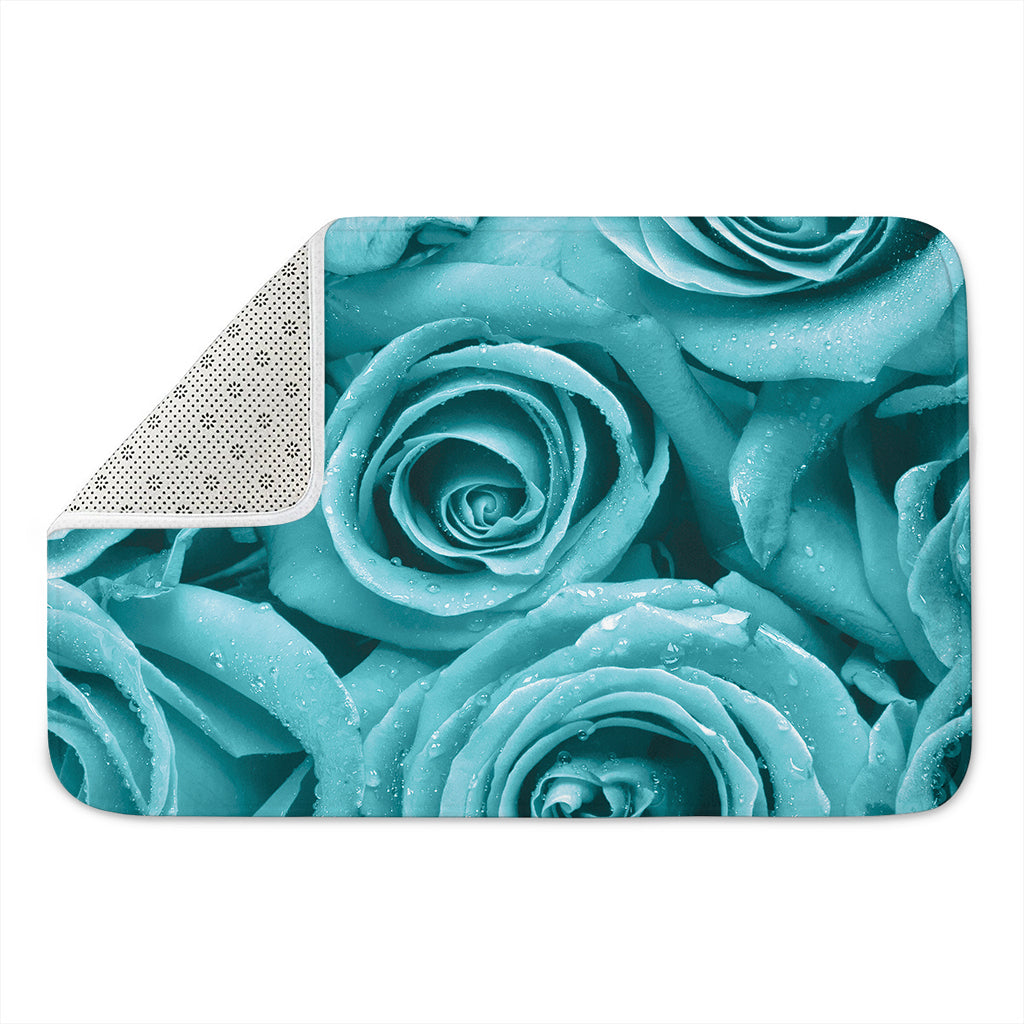 Turquoise Rose Flower Print Indoor Door Mat
