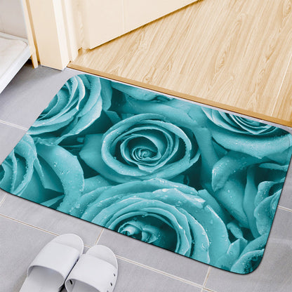 Turquoise Rose Flower Print Indoor Door Mat