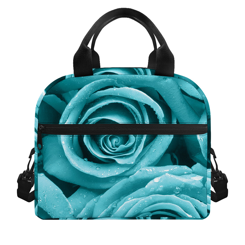 Turquoise Rose Flower Print Insulated Lunch Bag