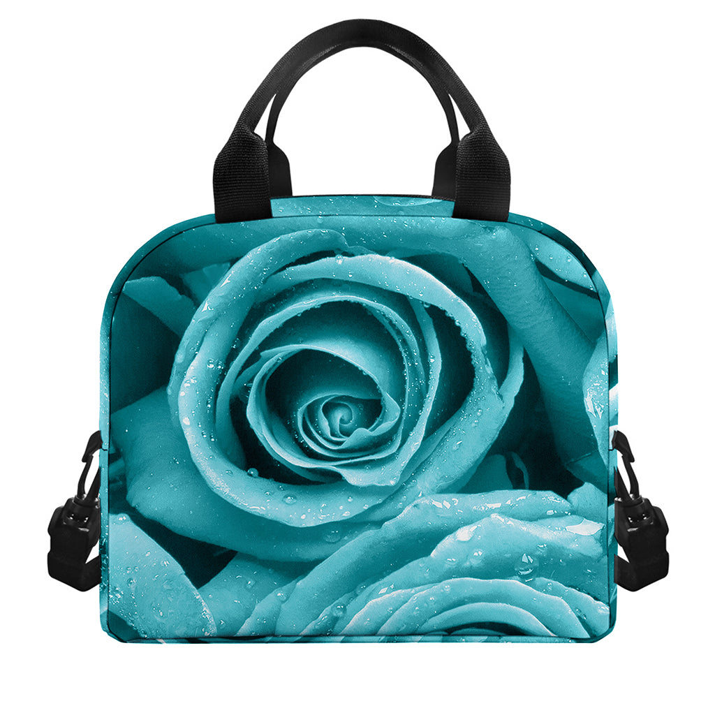 Turquoise Rose Flower Print Insulated Lunch Bag