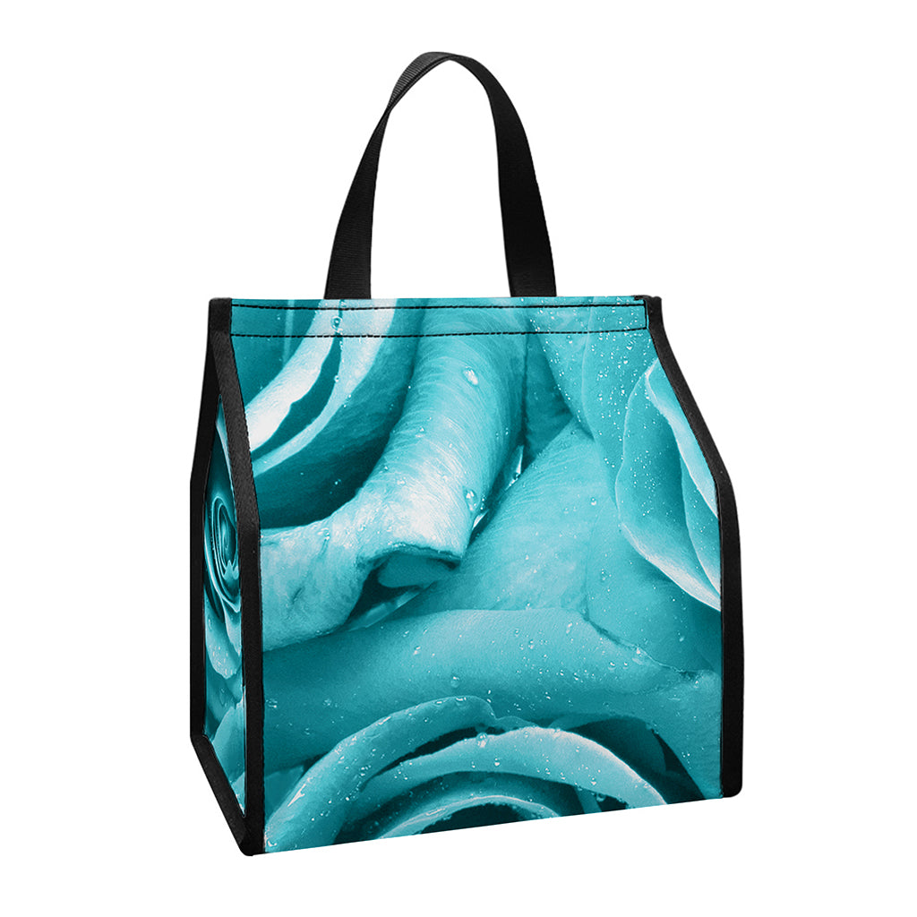 Turquoise Rose Flower Print Insulated Lunch Tote