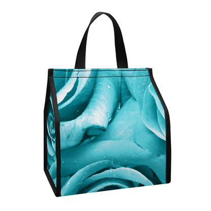 Turquoise Rose Flower Print Insulated Lunch Tote