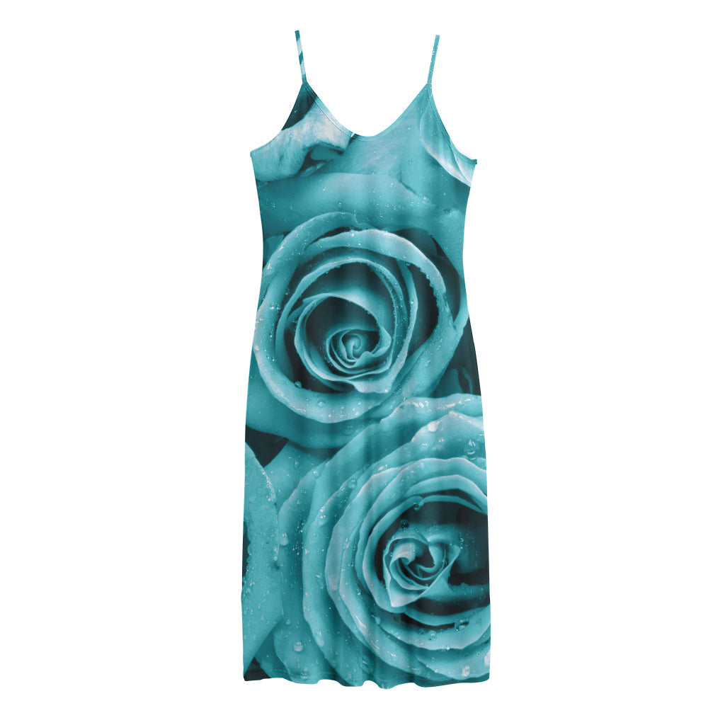 Turquoise Rose Flower Print Jersey Midi Cami Dress