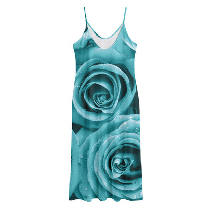 Turquoise Rose Flower Print Jersey Midi Cami Dress