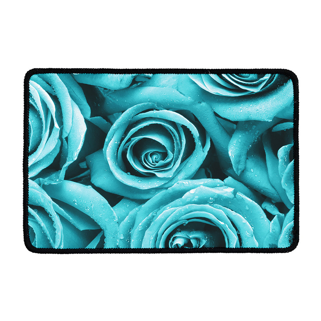Turquoise Rose Flower Print Kitchen Mat