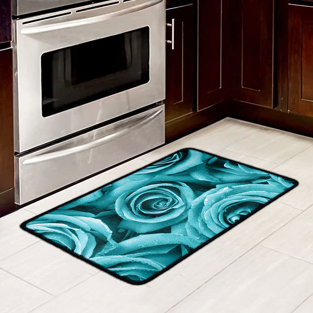 Turquoise Rose Flower Print Kitchen Mat