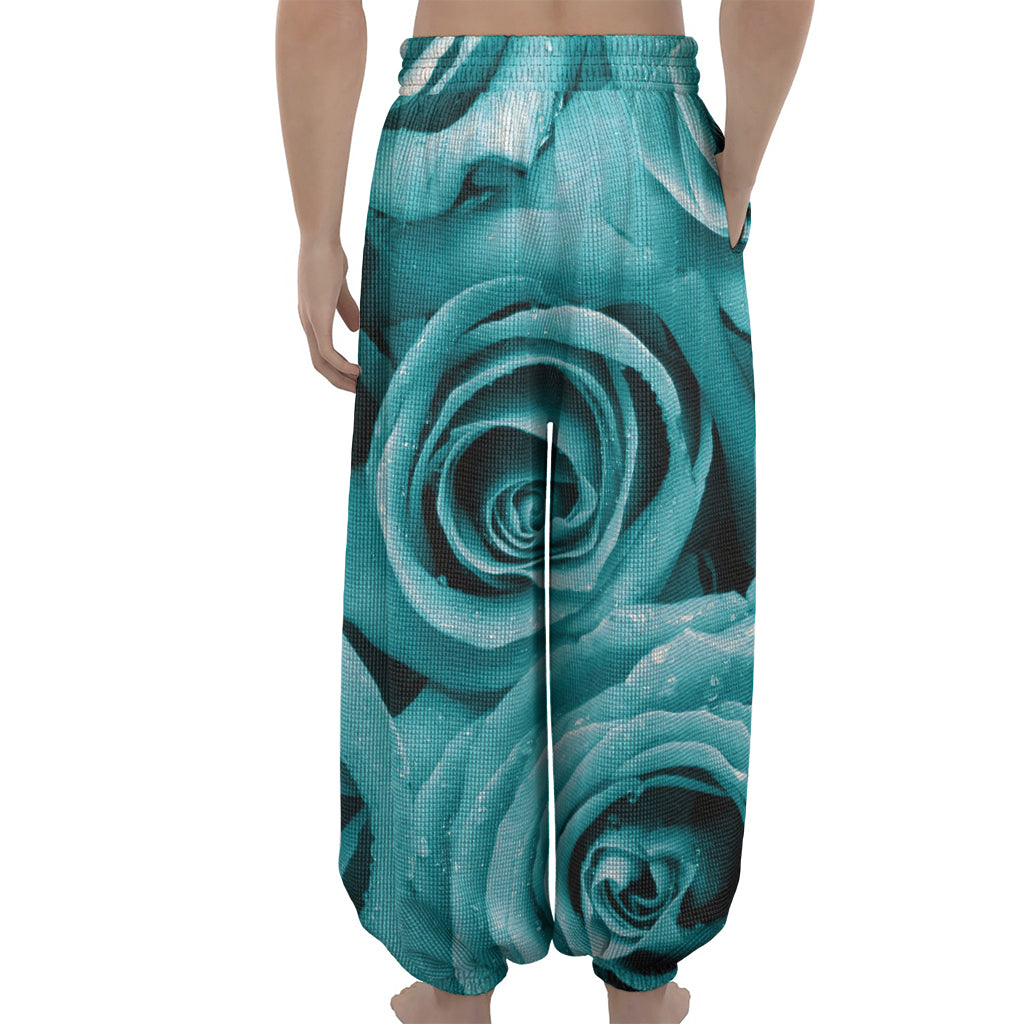 Turquoise Rose Flower Print Lantern Pants