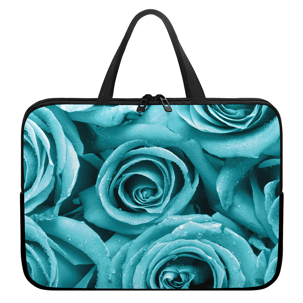 Turquoise Rose Flower Print Laptop Sleeve With Handle