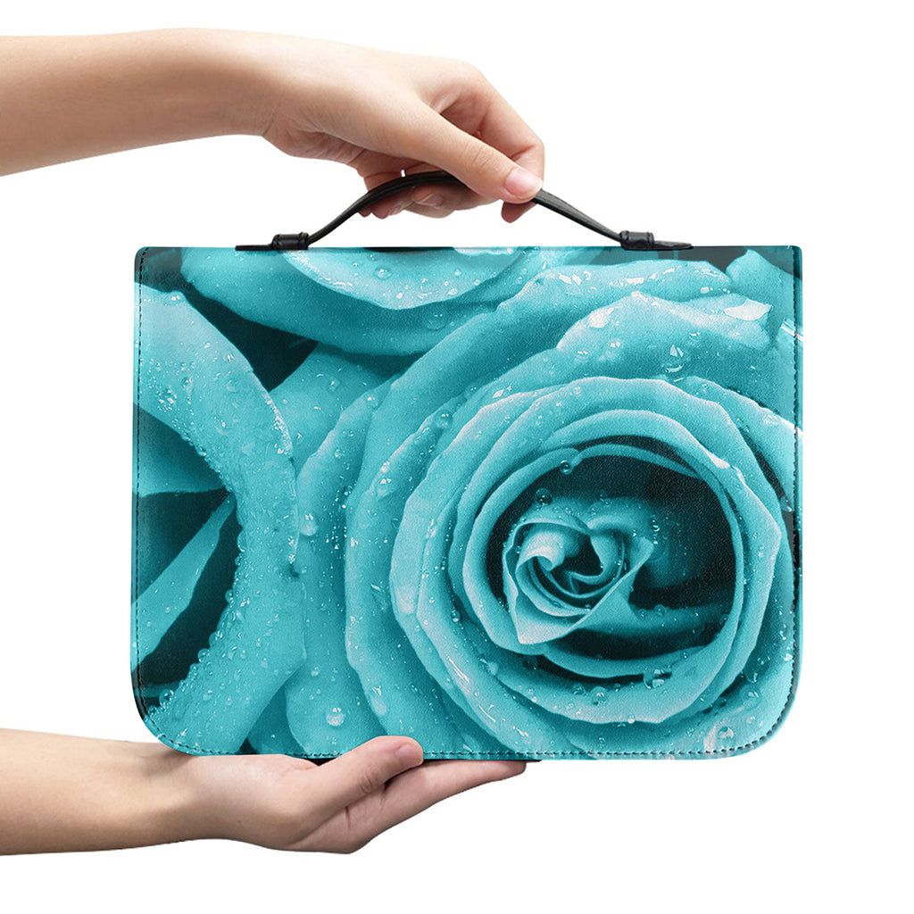 Turquoise Rose Flower Print Leather Bible Cover