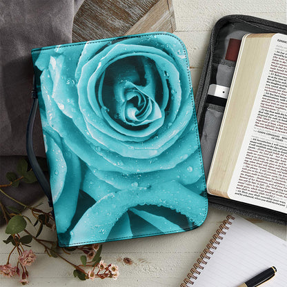 Turquoise Rose Flower Print Leather Bible Cover