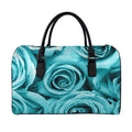 Turquoise Rose Flower Print Leather Duffel Bag