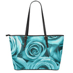 Turquoise Rose Flower Print Leather Tote Bag
