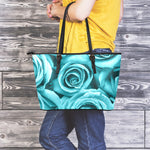 Turquoise Rose Flower Print Leather Tote Bag