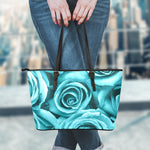 Turquoise Rose Flower Print Leather Tote Bag