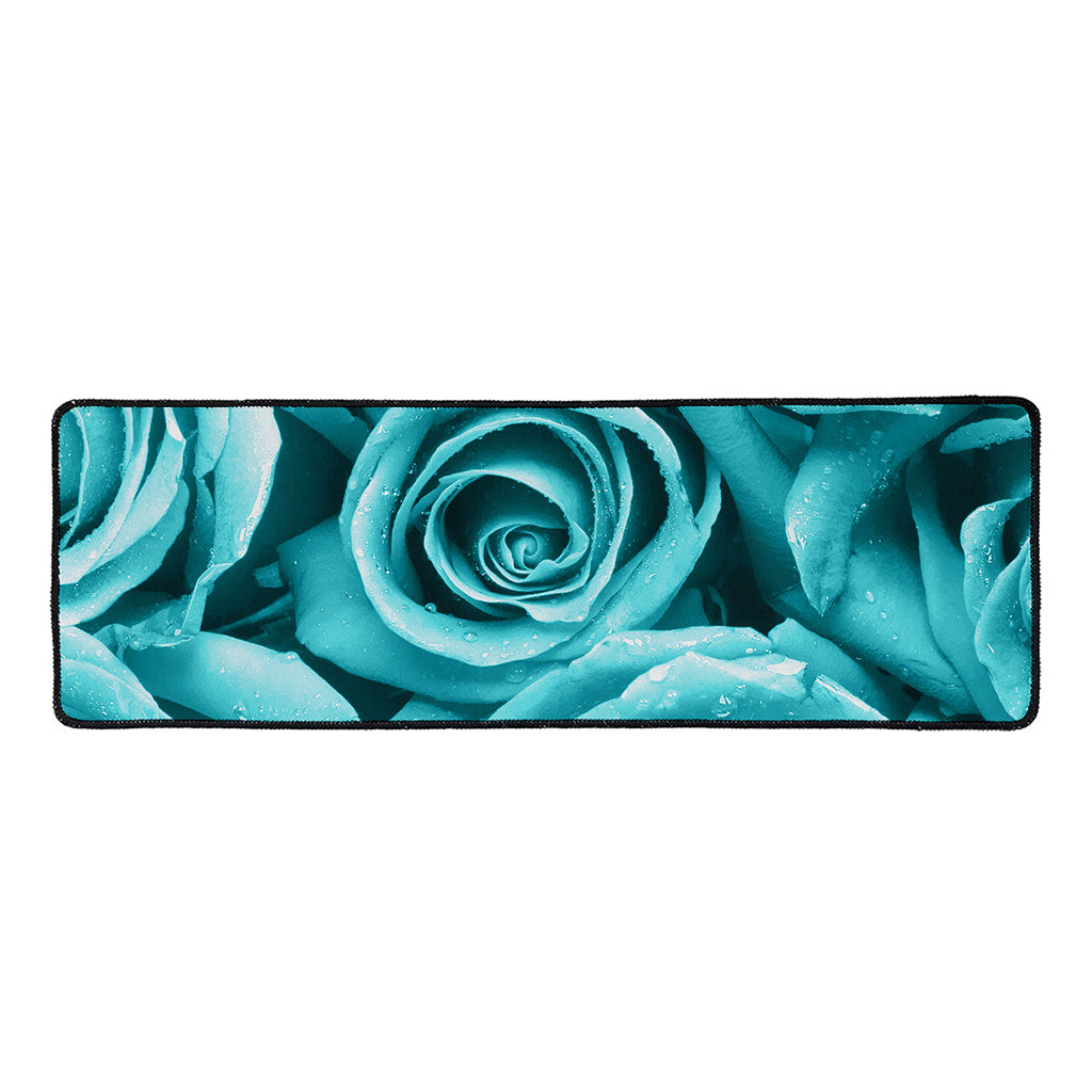 Turquoise Rose Flower Print Long Kitchen Mat