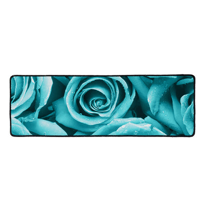 Turquoise Rose Flower Print Long Kitchen Mat