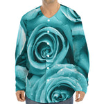 Turquoise Rose Flower Print Long Sleeve Baseball Jersey