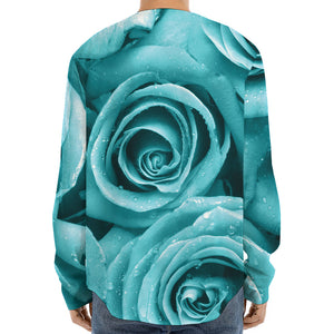 Turquoise Rose Flower Print Long Sleeve Baseball Jersey