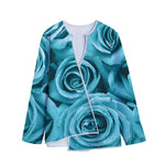 Turquoise Rose Flower Print Long Sleeve Short Coat