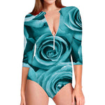 Turquoise Rose Flower Print Long Sleeve Swimsuit